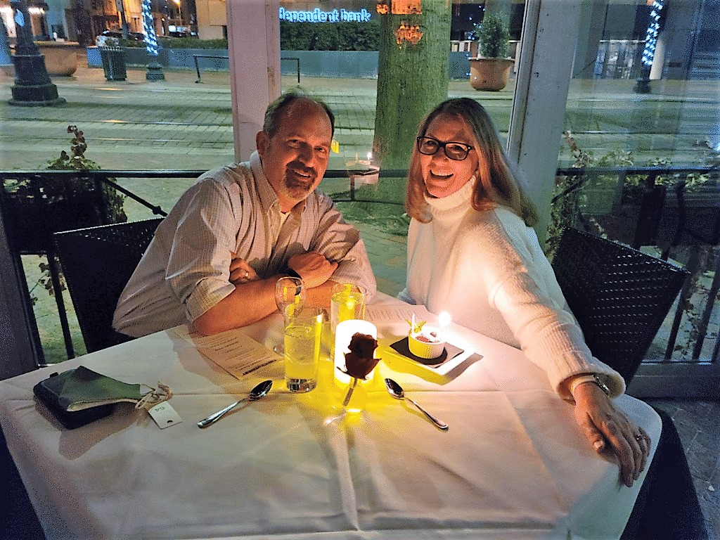 Author and husband having birthday dinner at a restaurant