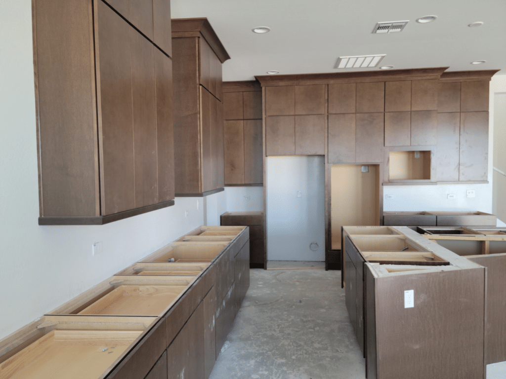 Kitchen that has the cabinets installed