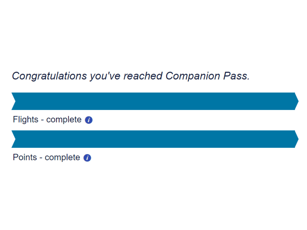 Screen shot from a Southwest Airlines Rapid Rewards account showing that Companion Pass status has been reached